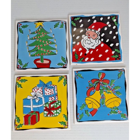 Ceramic Tiles Portugal Christmas Santa, Bells, Gifts Tree Cork Set Of 4 - Picture 1 of 8